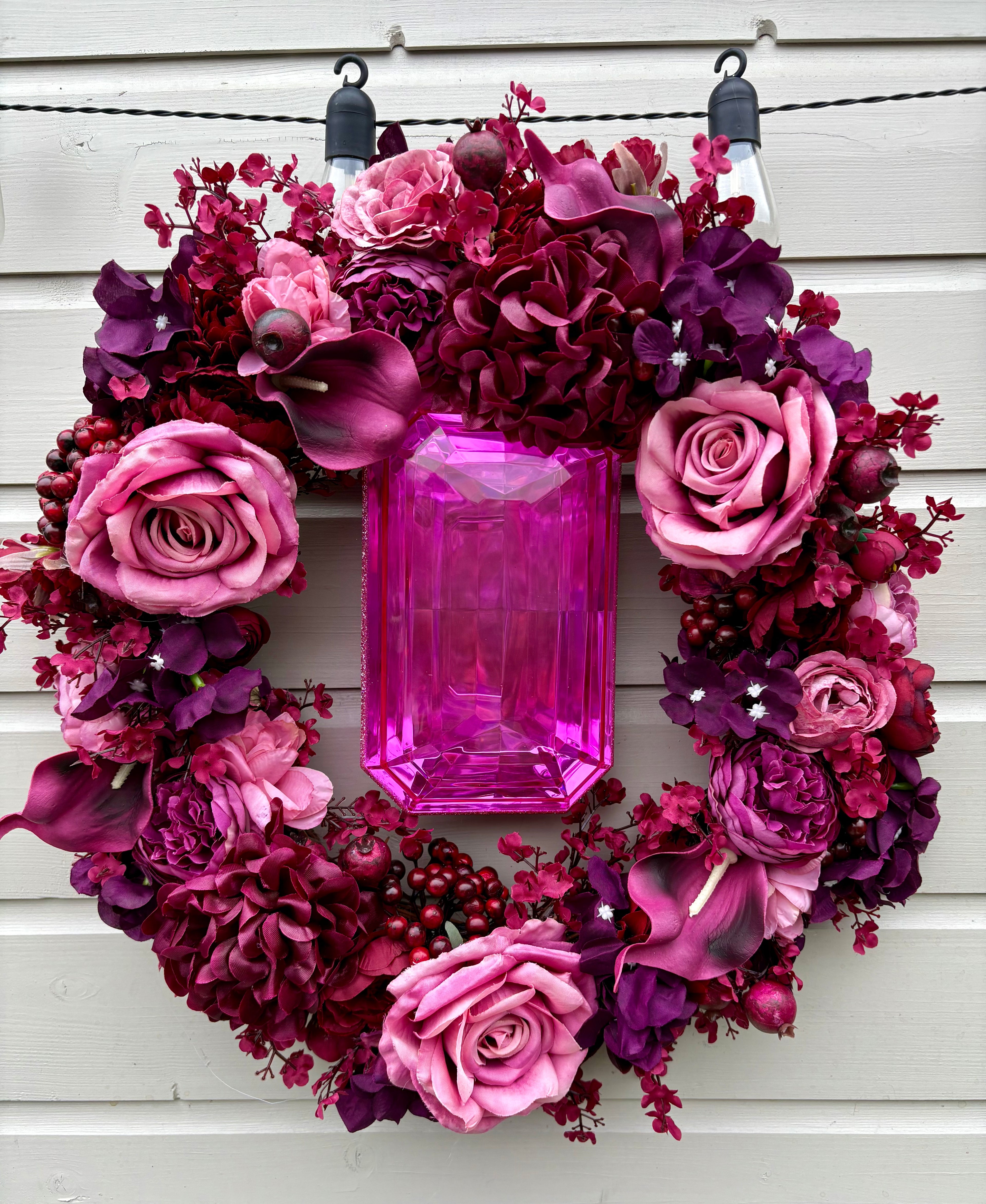 Priscilla Autumn Wreath hanging on front door with fall decorations