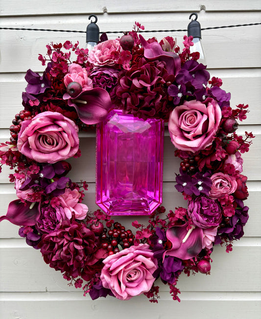 Priscilla Autumn Wreath hanging on front door with fall decorations